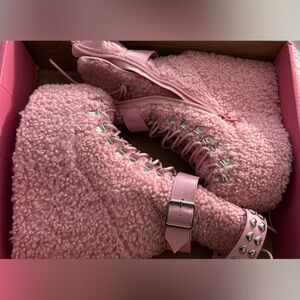 Dolls Kill Pink Fuzzy Lace-Up Boots
